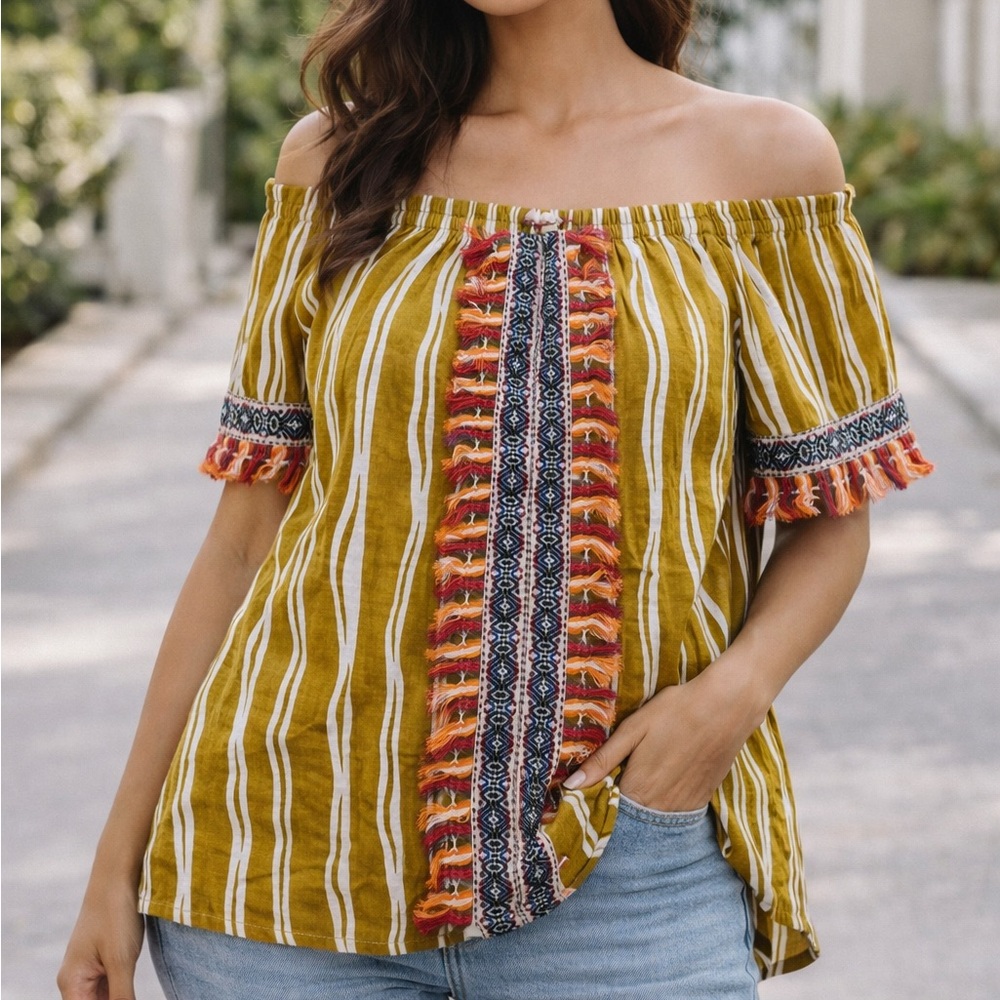 Altar’d State Boho Embroidered Striped Tassel Blouse Women’s large